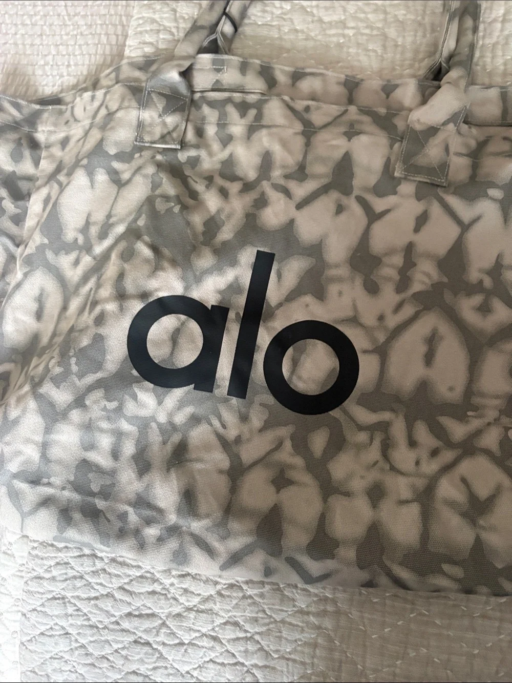 ALO Yoga Taupe Tie-Dye Canvas Tote with Black Logo